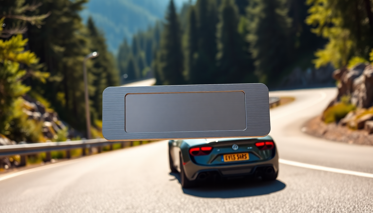 Sleek metallic car license plate holder floating in front of a grey sports car on a scenic road