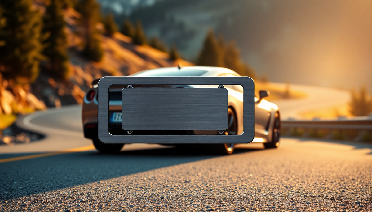 Close-up of a sleek, brushed metal car license plate holder on a luxury car at sunset.