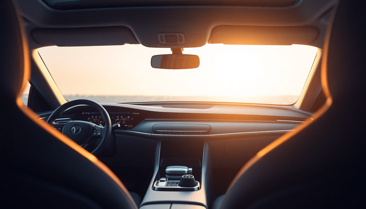 Interior view of a modern luxury car dashboard facing a golden sunset horizon.