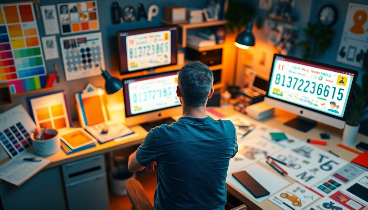 Graphic designer working on custom license plate designs using multiple computer monitors.