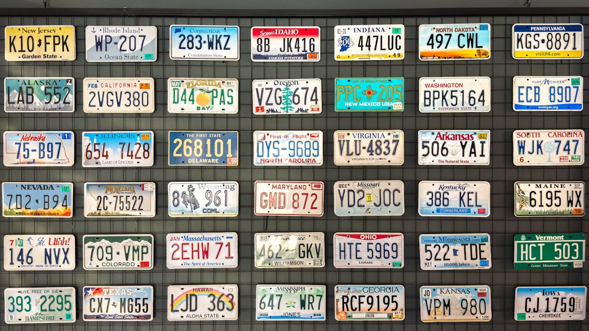 a bunch of license plates hanging on a wall