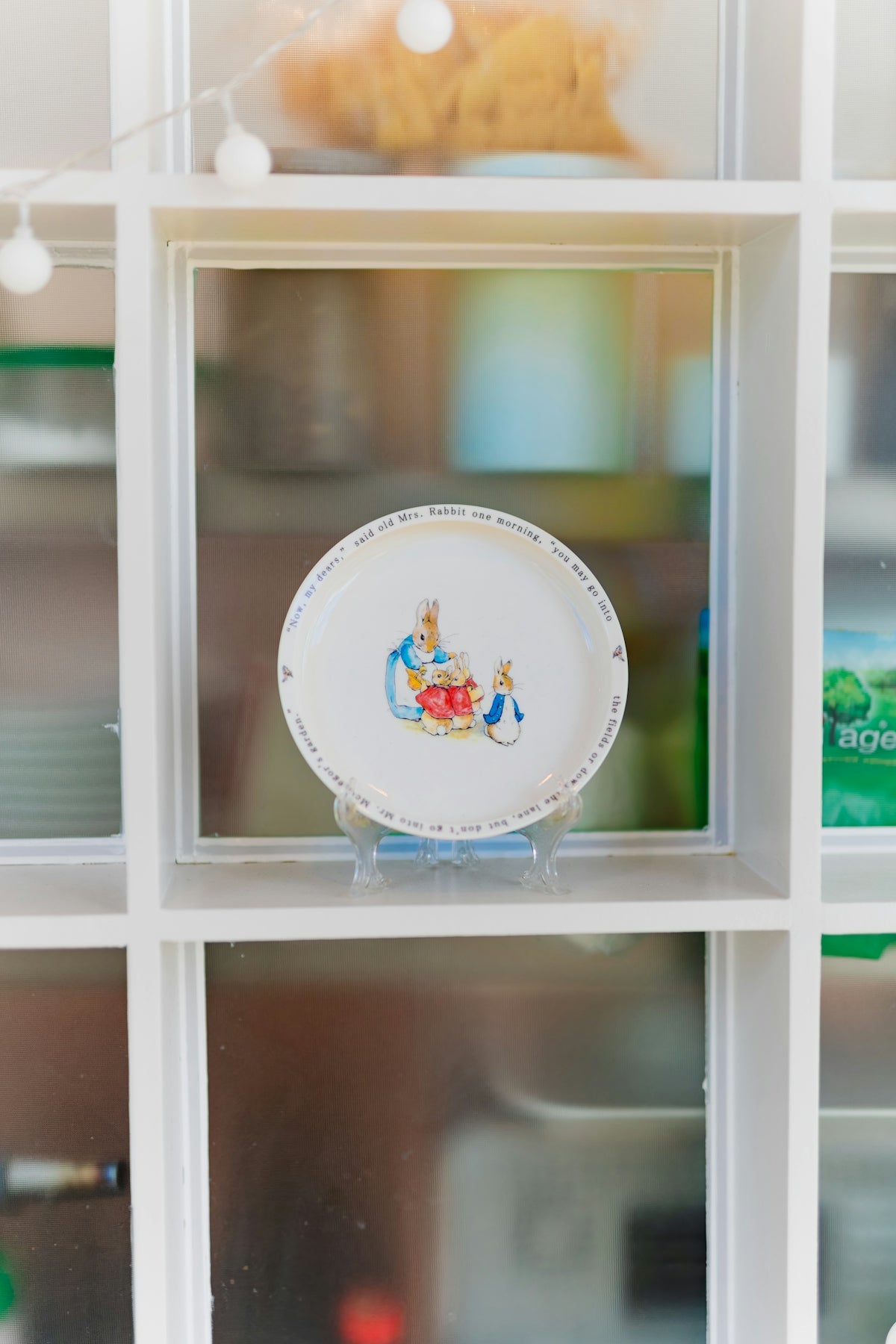 A peter rabbit plate is displayed in a window.