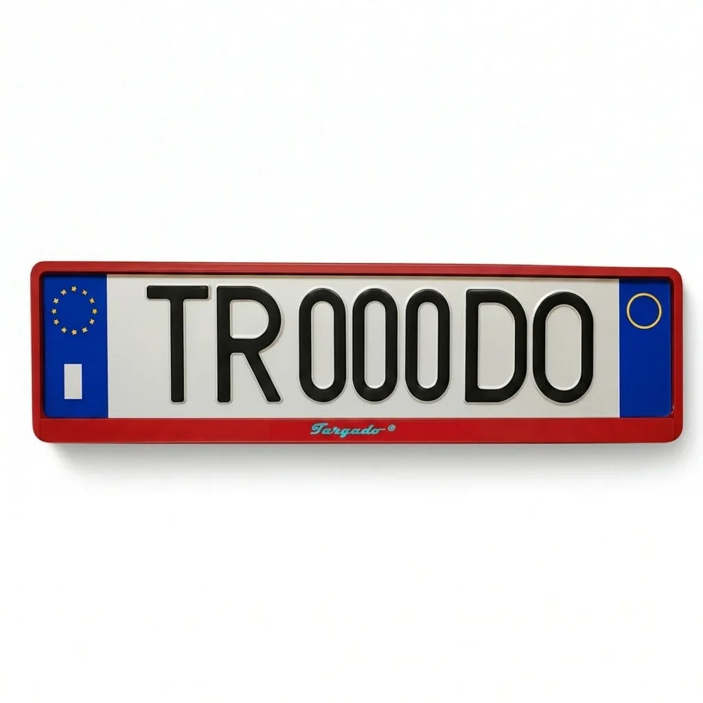 Red Targado Srl license plate holder with a custom plate reading TROOODO