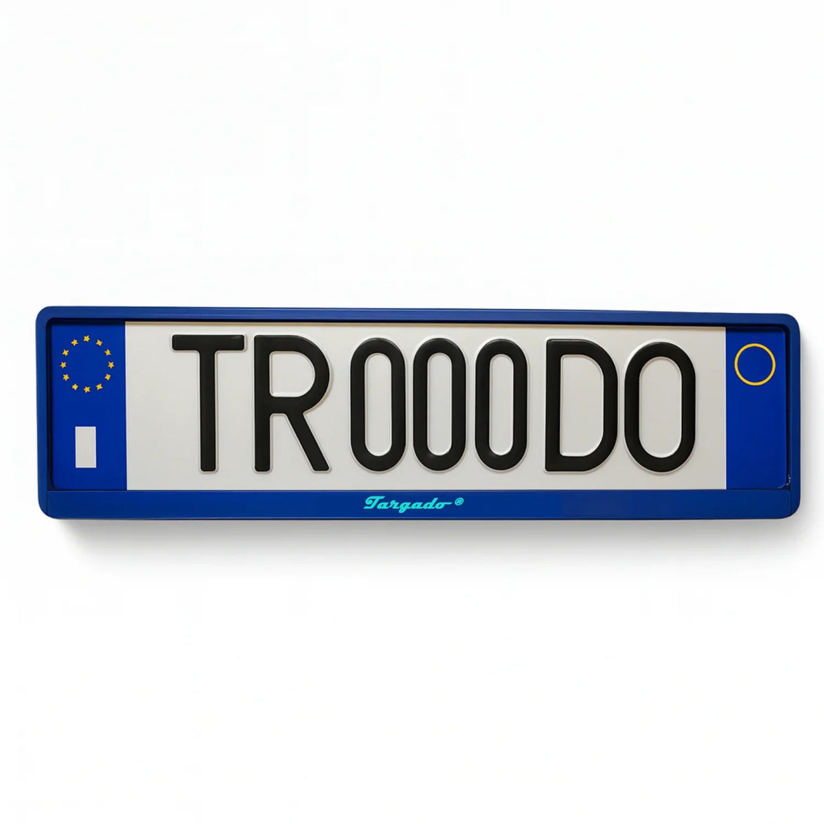 Blue Targado Srl car license plate holder with the text TR000DO
