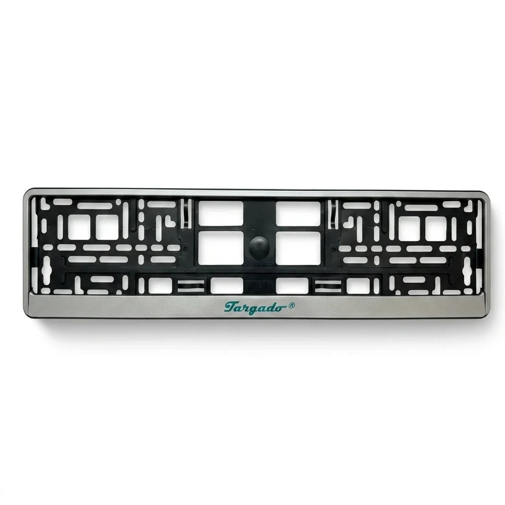 Targado Srl silver car license plate holder with green logo