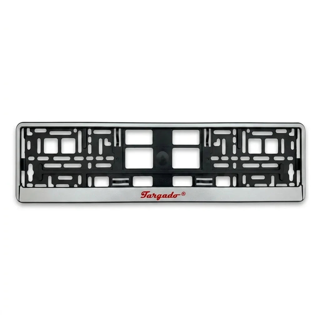 Silver Targado Srl license plate holder with red logo