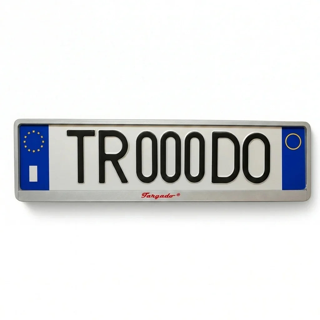 Targado Srl silver license plate holder with TR000DO plate and red logo