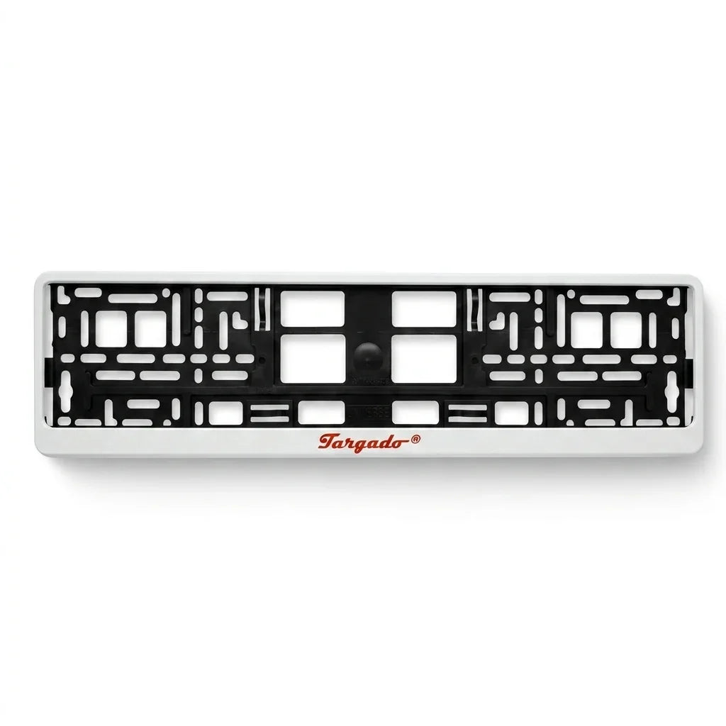 White Targado Srl Snowflake model license plate holder with red logo