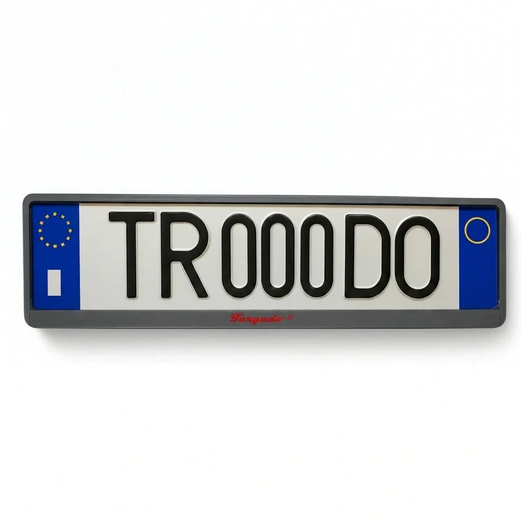Targado Srl Model Steel license plate holder with red logo and European style plate