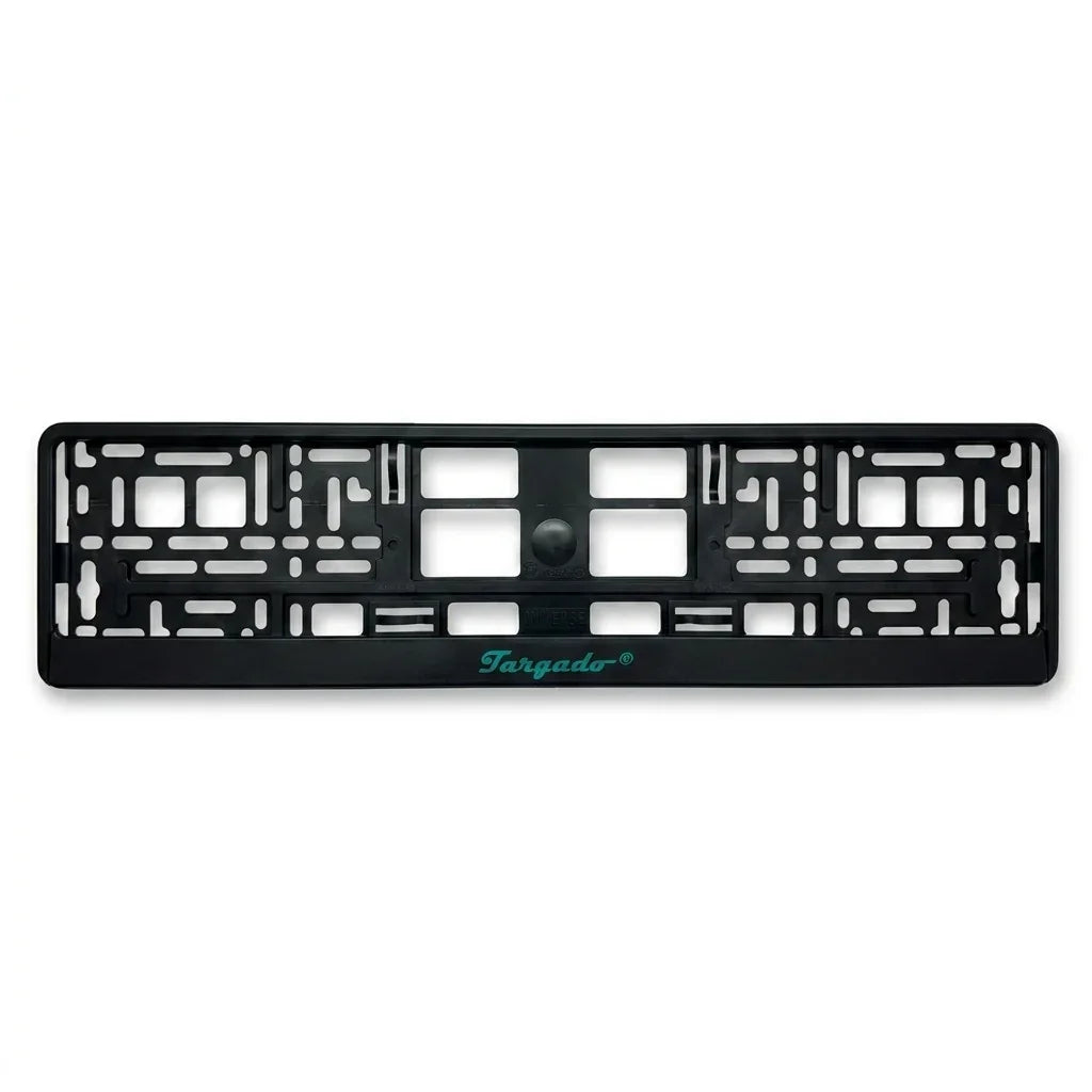 Black Targado Srl license plate holder with green logo on a white background