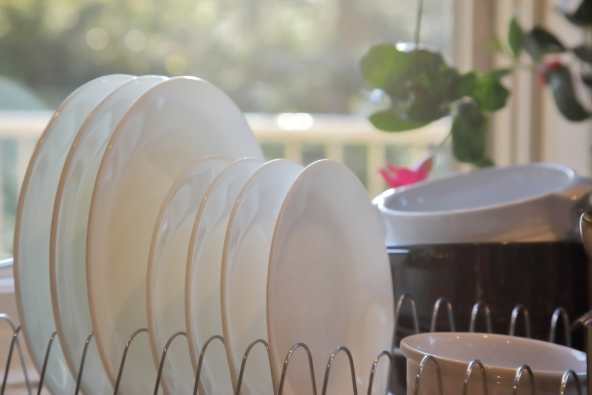 Sunlight illuminates white plates and bowls in a dish rack.